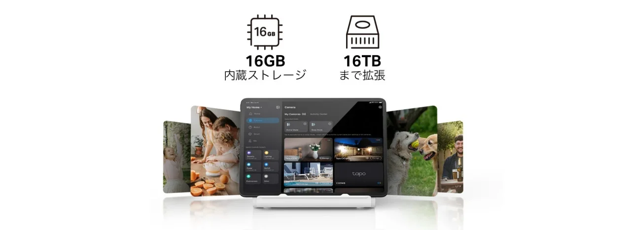 Tapo H500の16GB内蔵ストレージと16TB拡張機能を示す図
