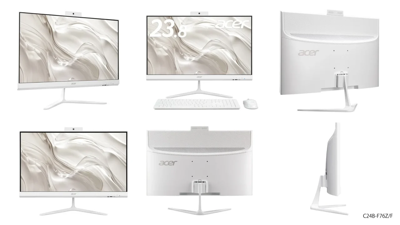 Aspire C 24 C24B-F76Z/Fのホワイトカラー本体と付属品の各角度画像