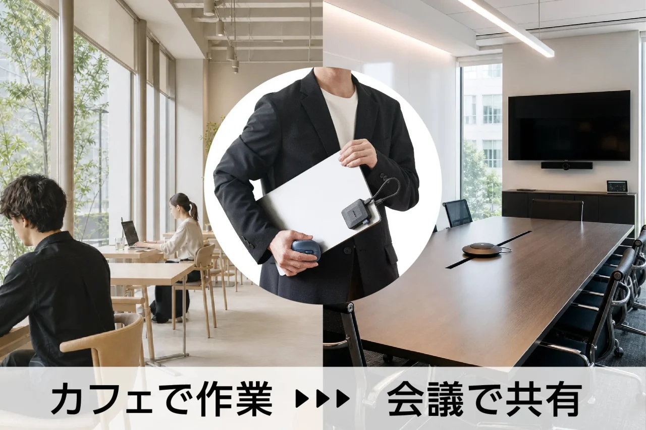 MAGKEEP 7in1ドッキングステーションをノートPC背面に装着し、カフェと会議室で利用する様子