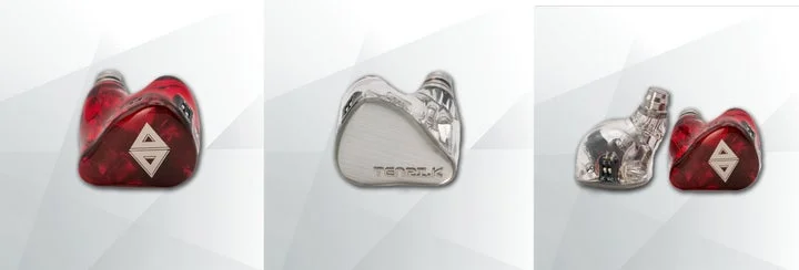 赤マーブルとシルバーの左右非対称なデザインのコラボイヤホン