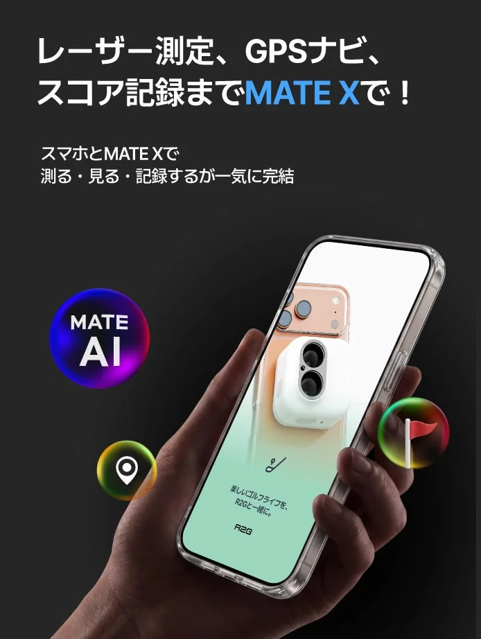 MATE Xを装着したスマートフォンを手に持ち、機能を示すアイコンとキャッチコピーを配置した告知ビジュアル