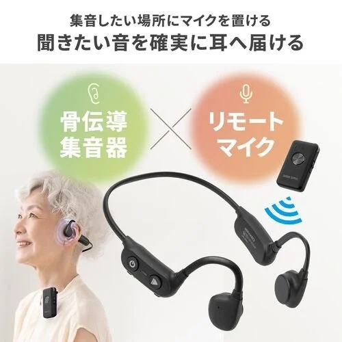 骨伝導集音器400-HABC2の装着イメージとリモートマイク