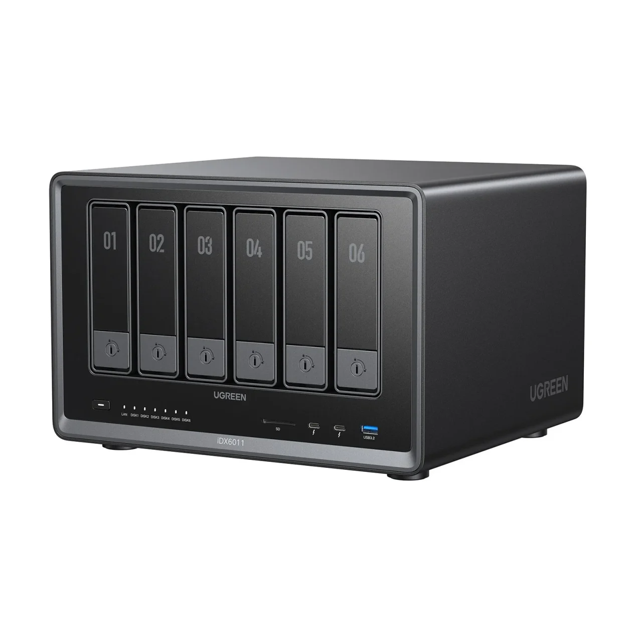 UGREEN NASync iDX 6011の黒い本体。前面に6つのドライブベイとiDX6011の表記がある。
