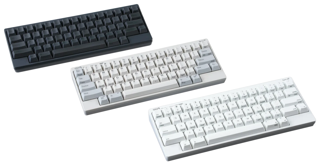 HHKB Professional HYBRID Type-Sの墨・白・雪の3色を斜めに並べた画像