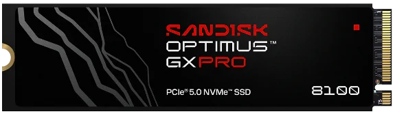 SANDISK Optimus GX PRO 8100 NVMe SSDの黒い本体とPCIe Gen 5.0表記