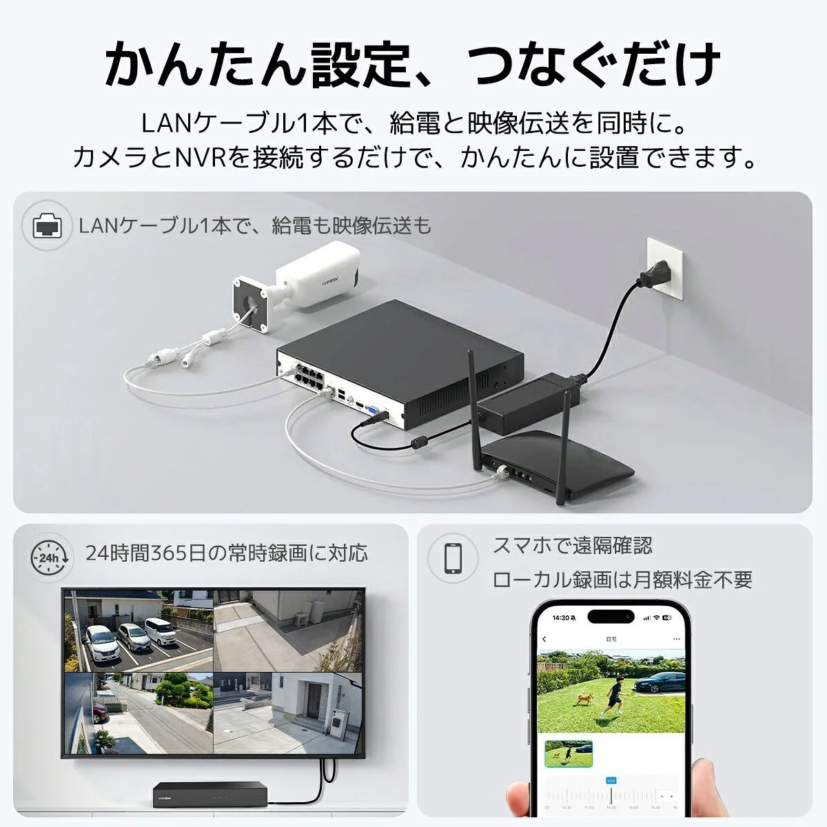 PoE防犯カメラセットの接続方法とスマホでの確認画面