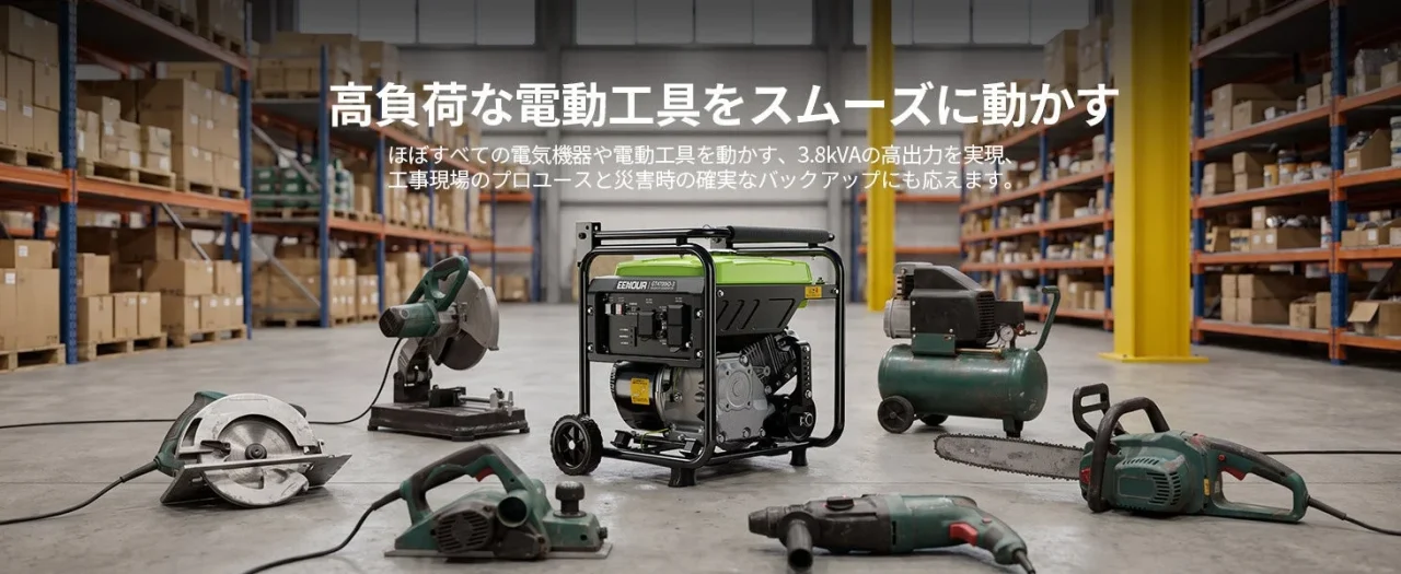 発電機GT4700iO-3と電動工具が並ぶ倉庫内のイメージ