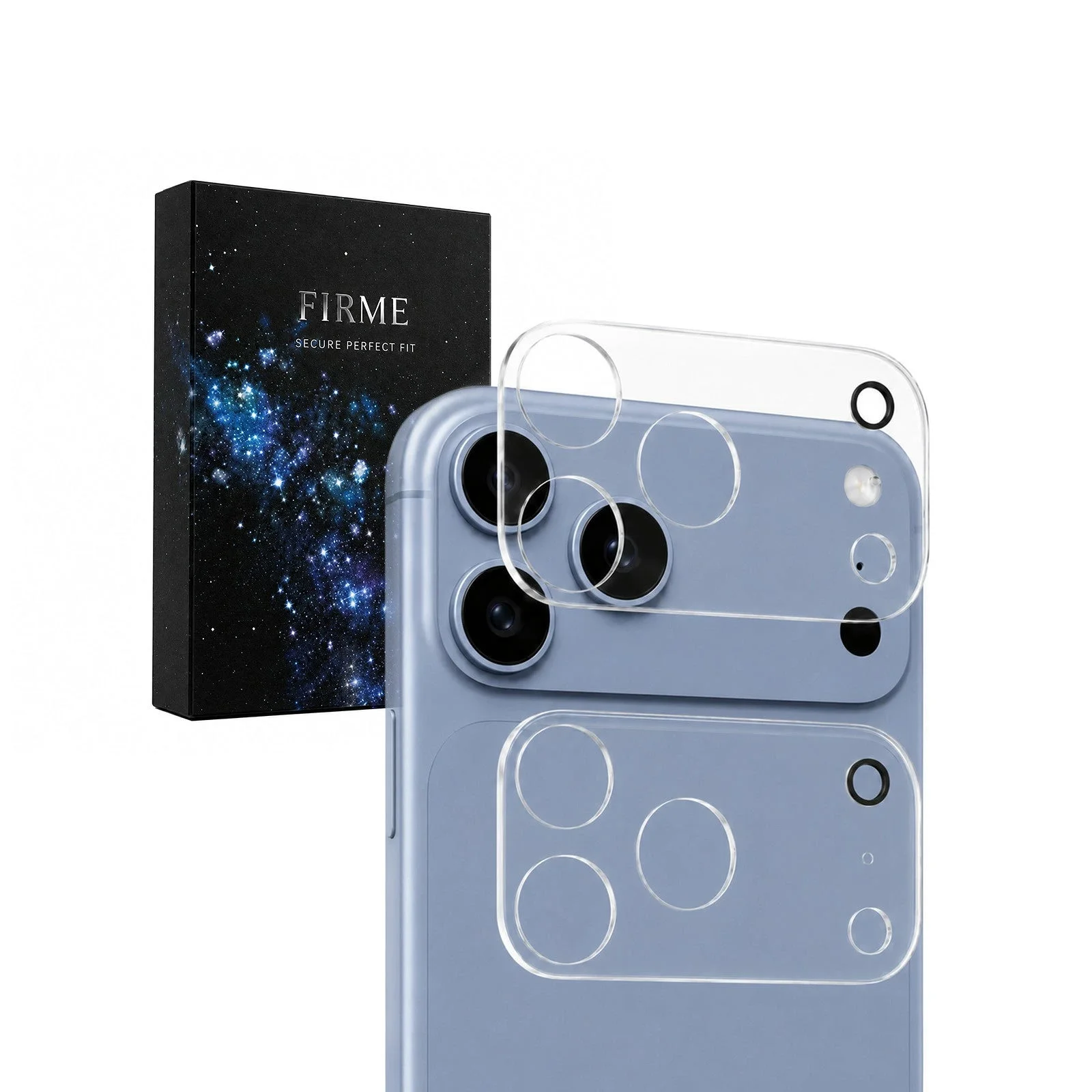 FIRME iPhone 18 Pro 対応カメラレンズ保護フィルムのパッケージと装着イメージ