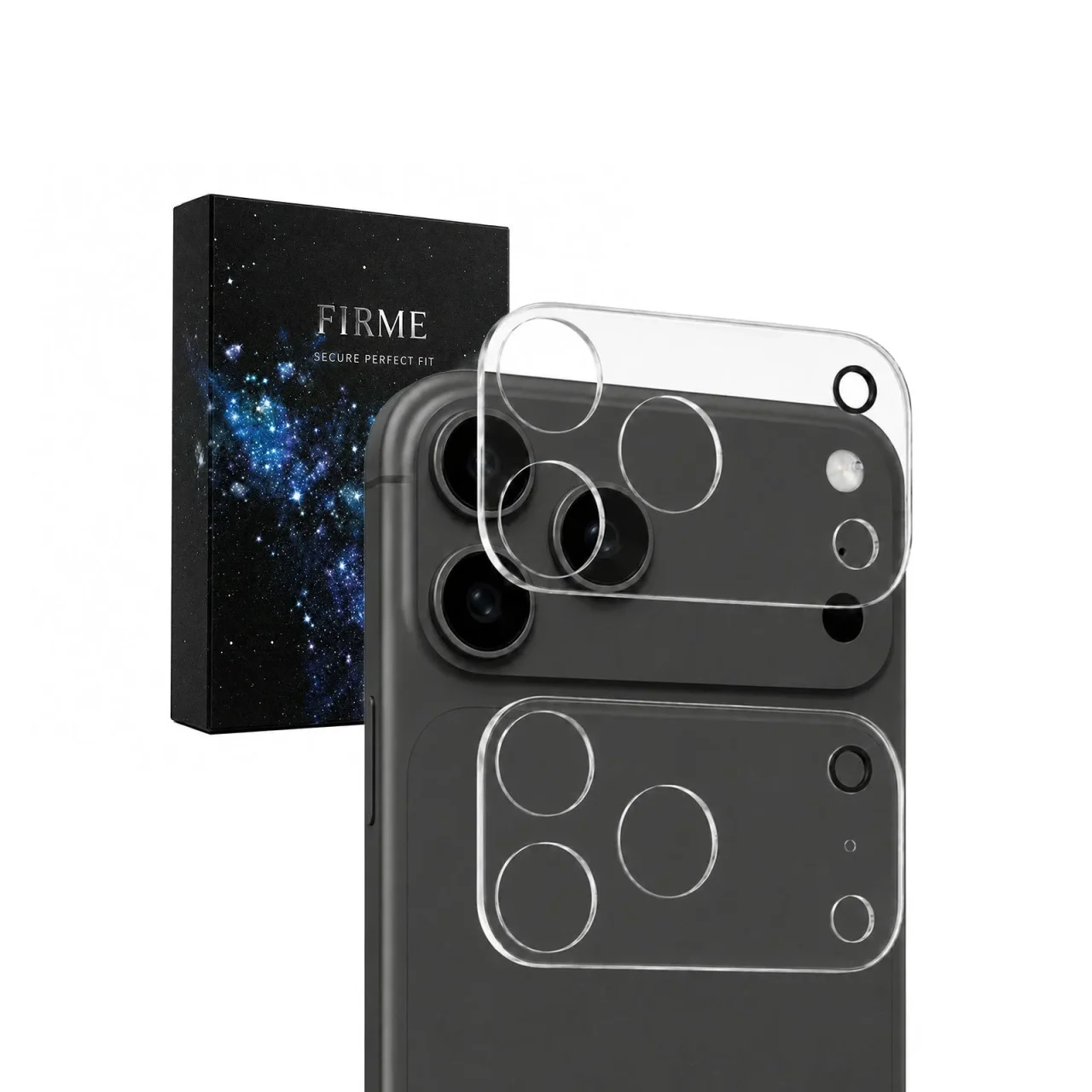 FIRME iPhone 18 Pro Max 対応カメラレンズ保護フィルムのパッケージと装着イメージ