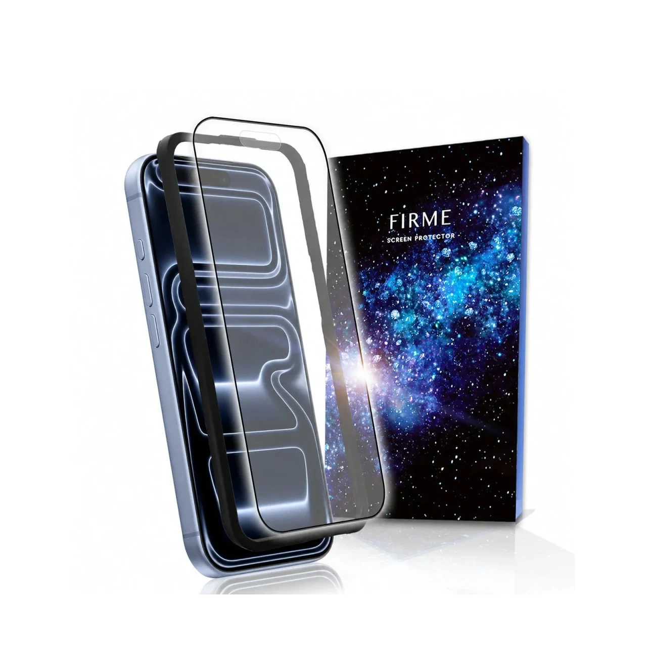 FIRME iPhone 18 Pro 対応保護フィルムのスマホ本体とパッケージ