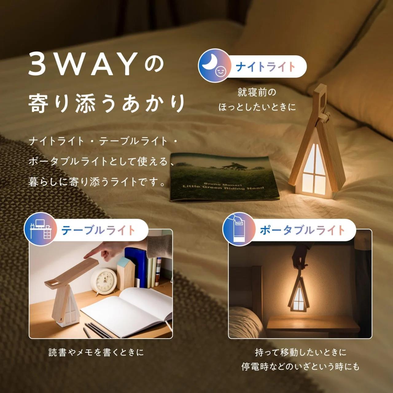 AKARIEの3WAY機能を示す、おうち型ライトの3つの使用シーン図