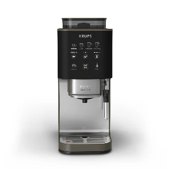 COFFEE CRUSH EXPERIENCEの正面外観。黒いボディにKRUPSロゴと操作パネル、豆タンク、スチームノズルが確認できる。