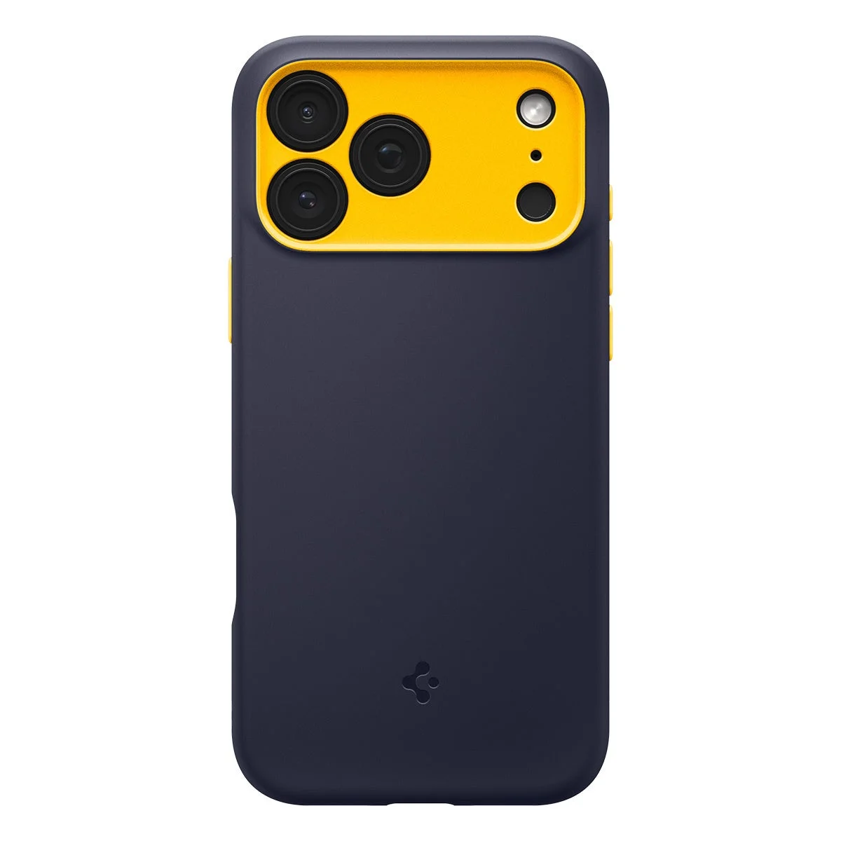 iPhone 18 Pro シリーズ用ナノポップ・マグフィットの背面。ネイビーとイエローのツートーンカラーで、カメラ部分にイエローのアクセントがあります。