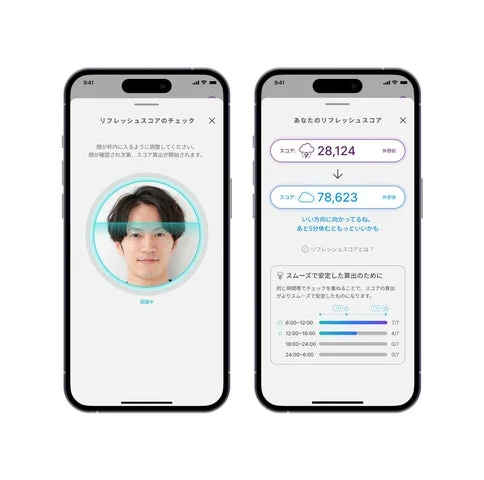 スマホアプリのリフレッシュスコア計測画面と算出結果画面