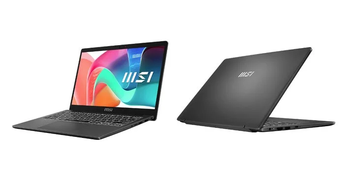 Modern 13 F1MのノートPCを斜め前から見た状態と、閉じた状態の背面デザイン