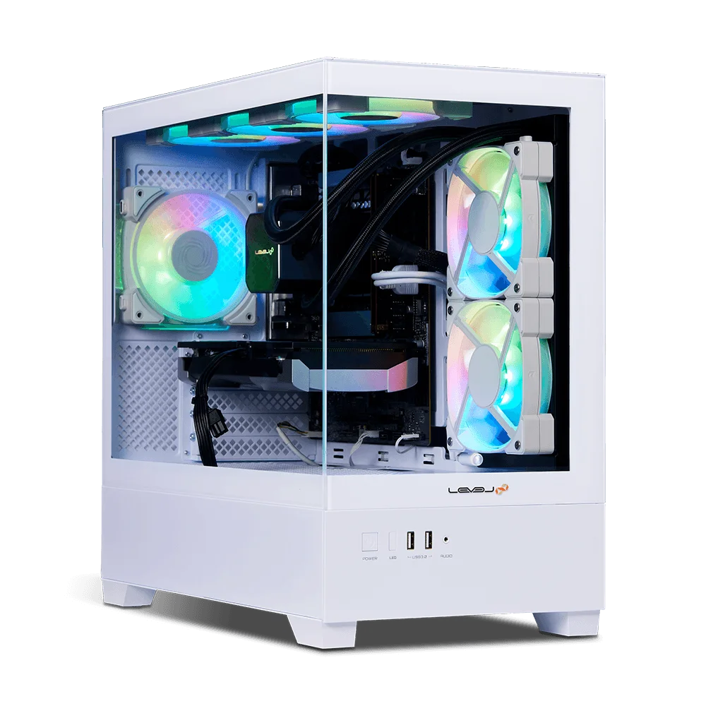 RGBファンと水冷クーラーを搭載した白いLEVEL製ミニタワーPC
