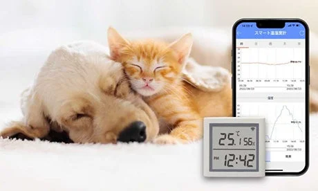 猫と犬が寄り添う背景に温湿度計とスマホアプリの画面