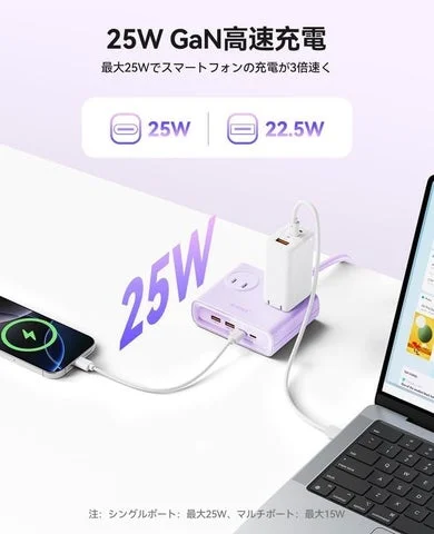 25W GaN高速充電を示す、スマホとPCを接続したタップの図