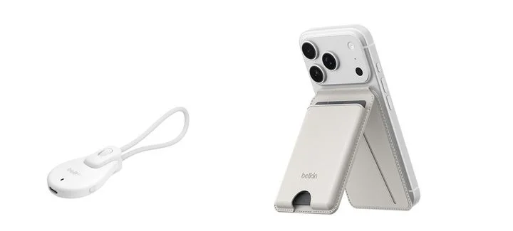 白いSureFind Loop Cable Tagと、スマートフォンをスタンドとして立てたウォレット