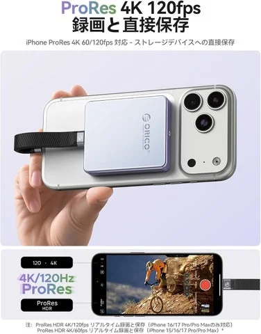 iPhone背面にSSDケースを装着し、4K ProRes録画を直接保存する利用シーン