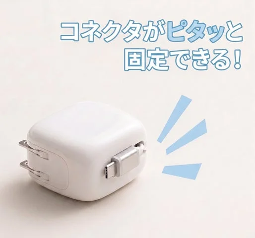 白い充電器本体の側面にUSB Type-Cコネクタが磁石で固定されている様子