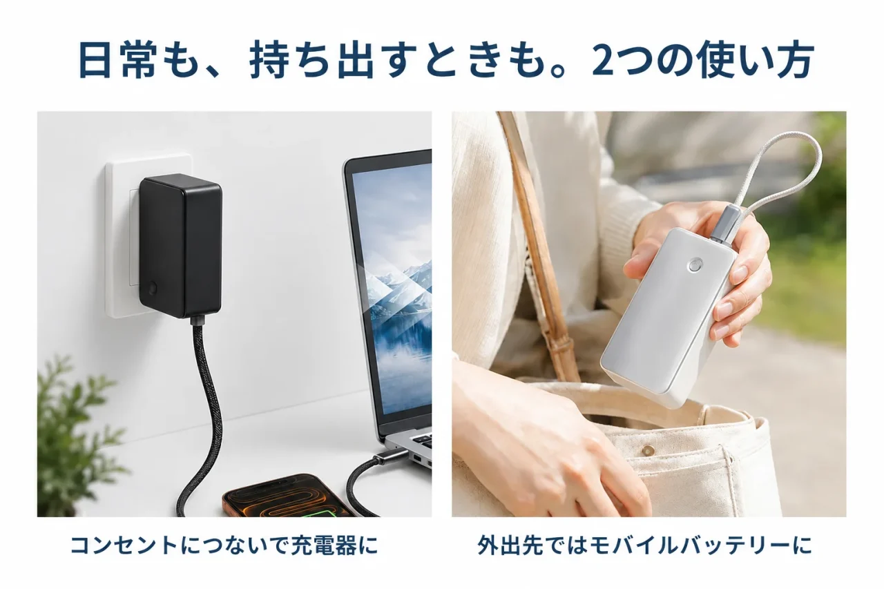 K61のコンセント接続とモバイルバッテリー利用の2つの使い方を示す図