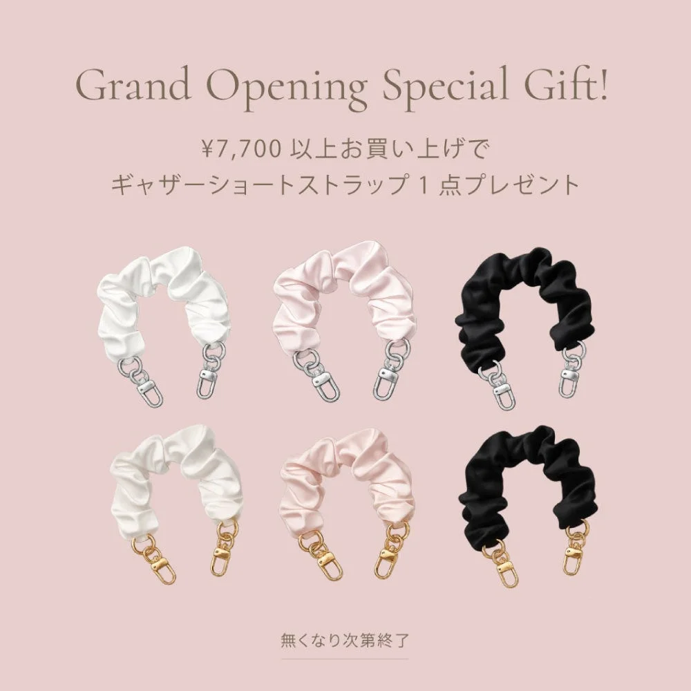 白・ピンク・黒のギャザーショートストラップに、シルバー・ゴールドの金具を組み合わせた6種類