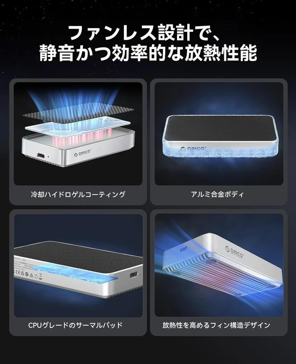 ORICO M.2 SSDケースの静音冷却・高放熱性能を示す4つの構造図