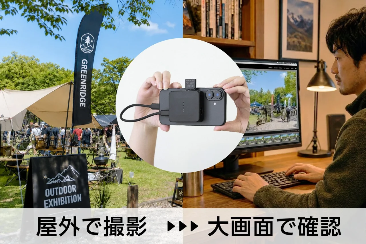 MAGKEEP 7in1ドッキングステーションをスマホに装着し、屋外で撮影した映像を大画面で確認する利用イメージ
