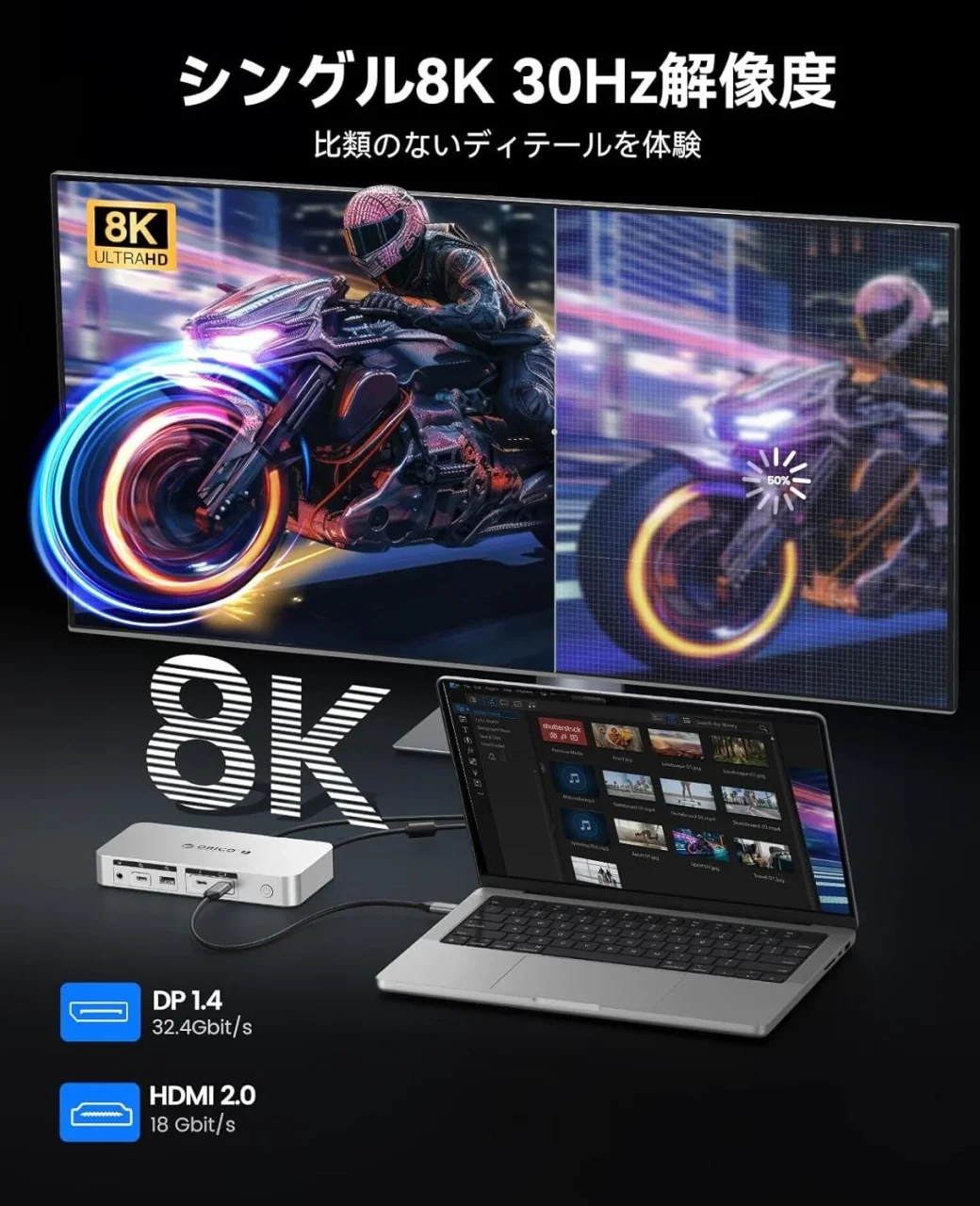 ORICO 12-in-1 Thunderbolt 4 ドッキングステーションの8K出力機能を示す図