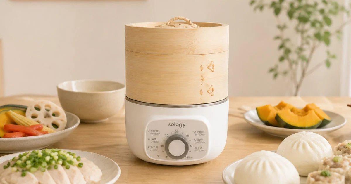 sology電気蒸し器ESS5601WHと竹せいろ、周囲に蒸し料理を配置した使用シーン
