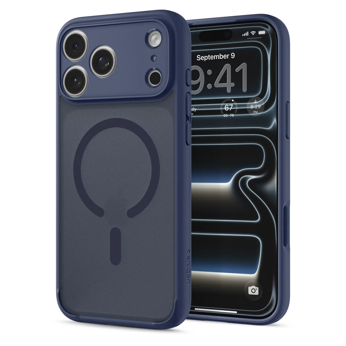 ウルトラ・ハイブリッド・マグフィットのフロスト・ディープブルー。背面にMagSafeリング、カメラ部を覆うiPhoneケース