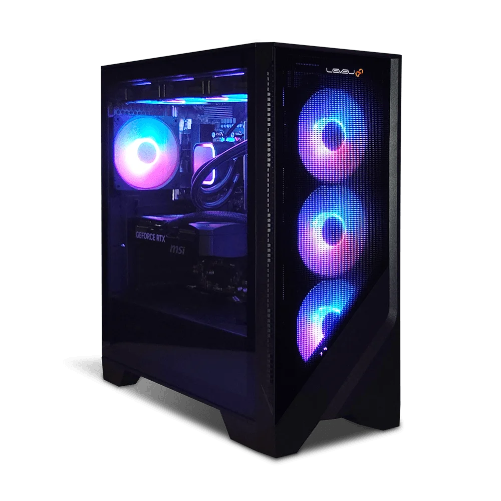 LEVEL-RMB6-R75F-RBX-MSI [RGB Build]のミドルタワーPCで、内部のRGBファンとGeForce RTX MSI製グラフィックスが
