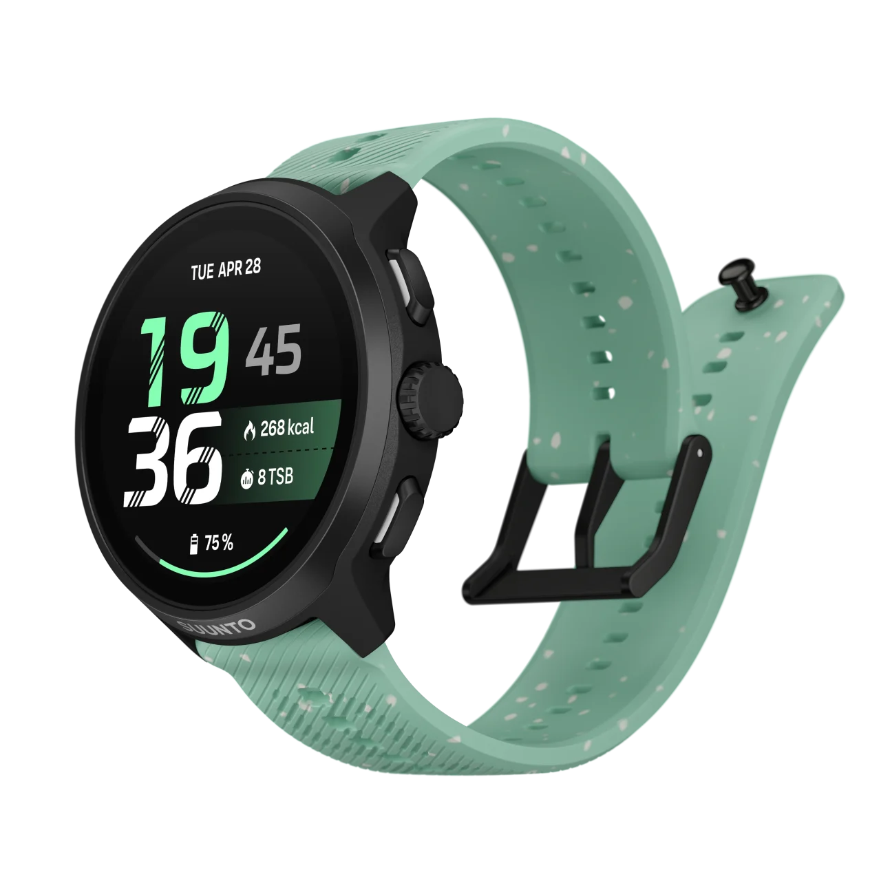Suunto Run 2のグリーンストラップモデル。時刻と消費カロリーを表示