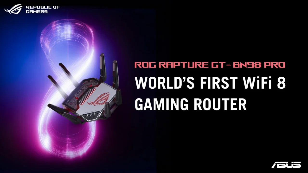 ROG Rapture GT-BN98の製品ビジュアル。ルーター本体とWiFi 8対応を示すテキストが配置されています。