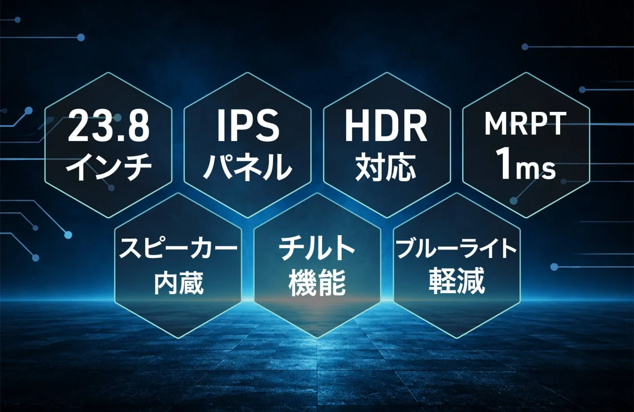FHD・260Hzモデルの仕様を示す図。23.8インチ、IPSパネル、HDR対応、MRPT 1ms、スピーカー内蔵、チルト機能、ブルーライト軽減の7項目が六角形