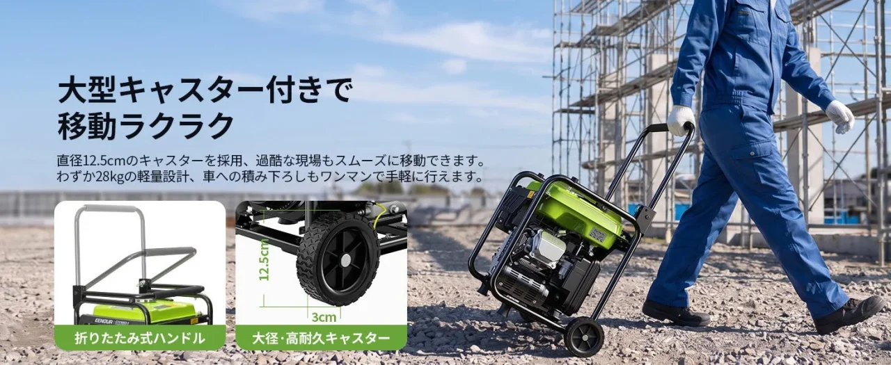 GT4700iO-3の大型ホイールと折りたたみ式ハンドルを強調した告知画像