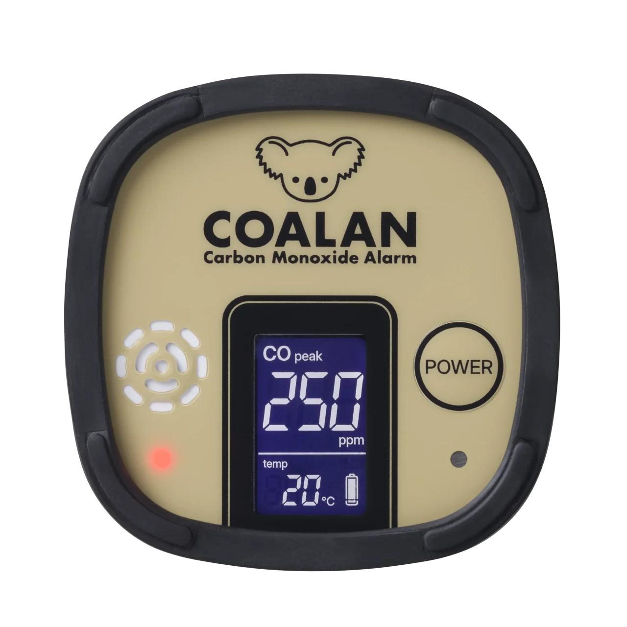 COALAN CL-725の本体。CO濃度と温度を表示する液晶画面とPOWERボタンが確認できる。