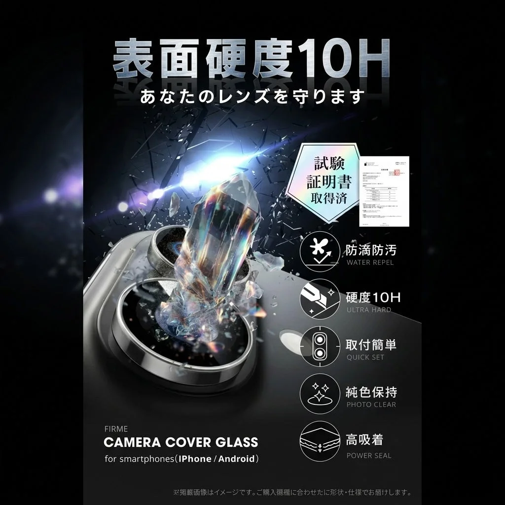 FIRMEカメラレンズ保護フィルムの硬度10Hを強調した告知ビジュアル