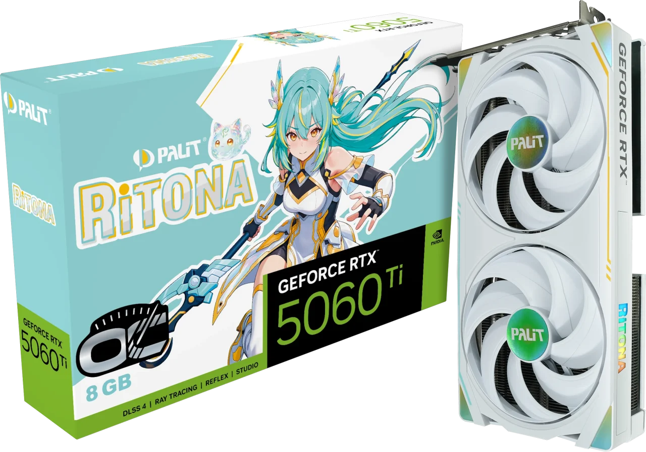 GeForce RTX 5060 Ti 8GB RiTONA OCのパッケージと白いデュアルファンカード