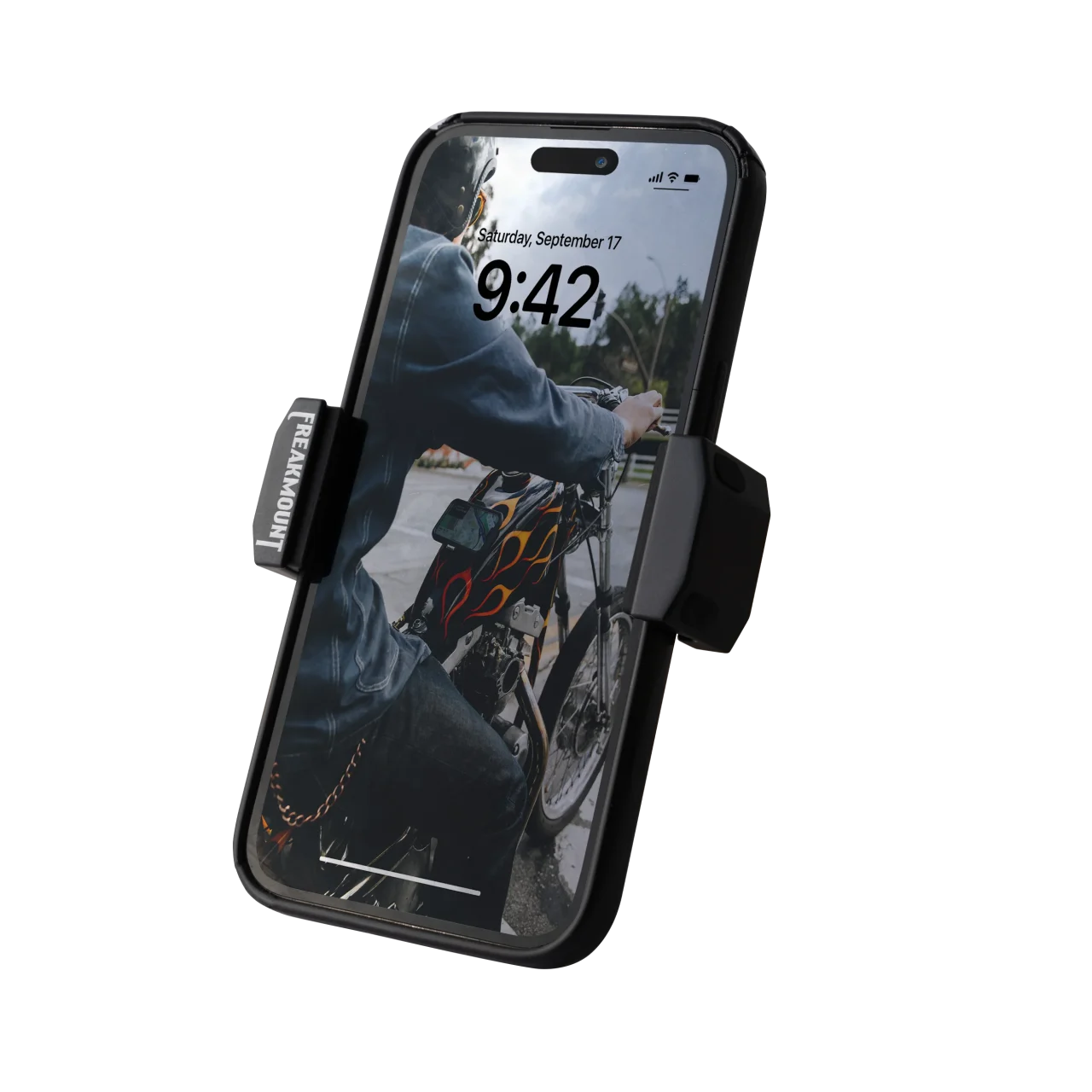 FREAKMOUNT2.0のブラックカラーで、スマホを挟んだ状態の製品写真