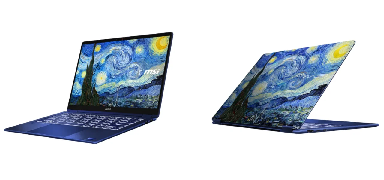 Prestige-14-Flip-AI+The-Starry-Night-2700JPの天板と画面に星月夜デザインを施したノートPC
