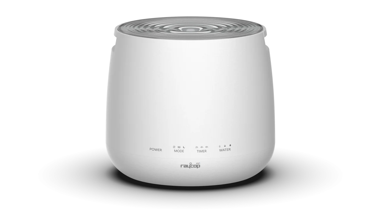UV除菌プールレス加湿器MINAMOの白い円筒形本体