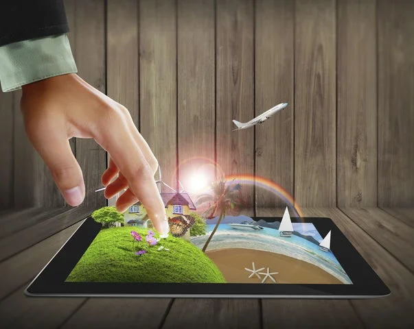 タブレット画面から飛び出す風景の3Dモデルと、それを操作する手
