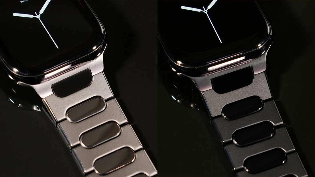 Apple WatchバンドBRIGHTのリンク部分。マットと艶のコントラストが確認できる。