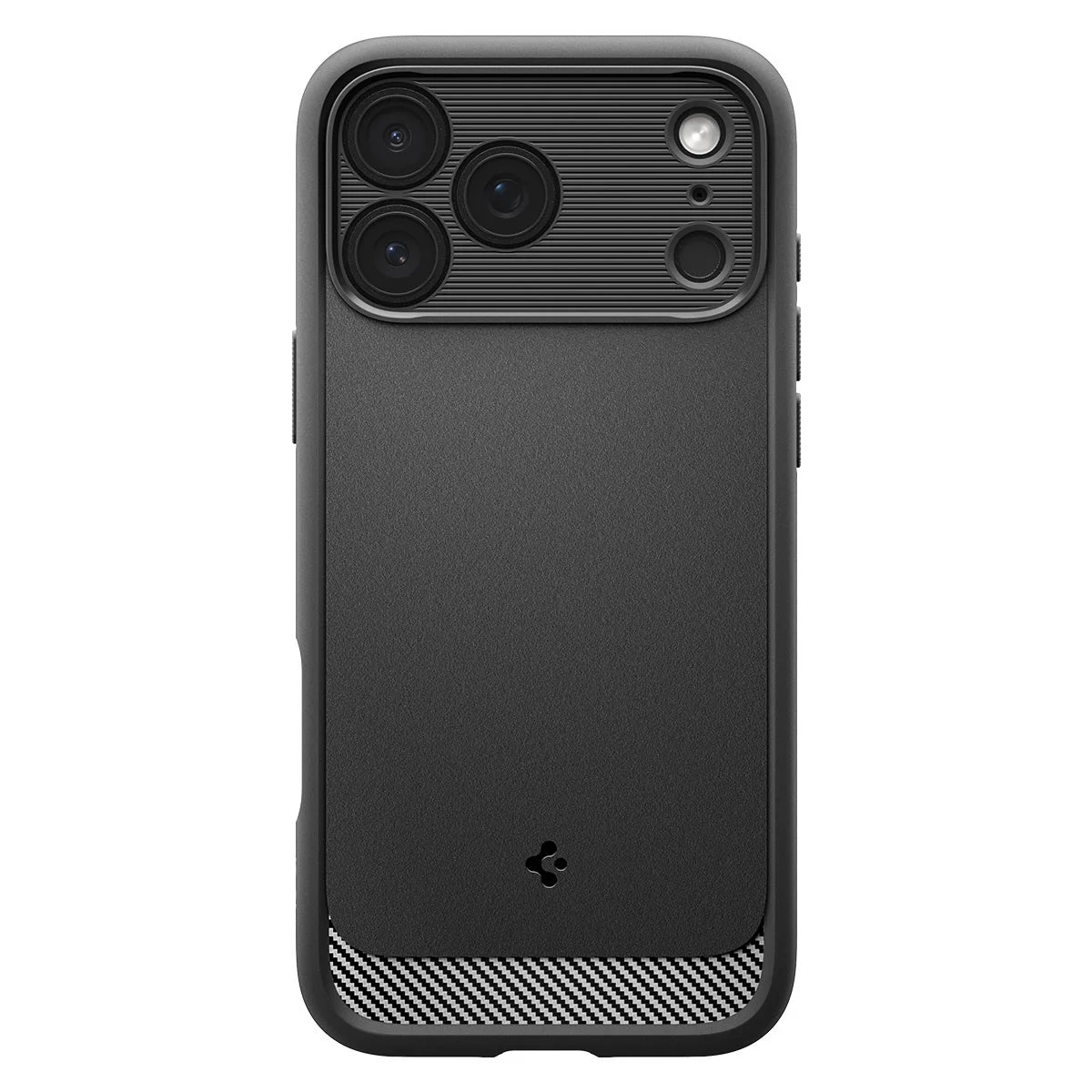 iPhone 18 Pro シリーズ ラギッド・アーマー・マグフィットの背面。黒いTPUケースで、下部に斜めストライプの滑り止めパターンとストラップホールが見え