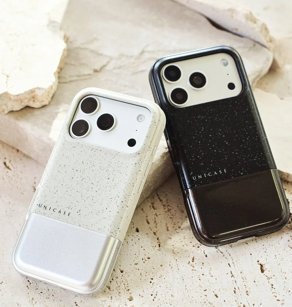 UNICASE Stone Caseのグレーとブラック2色。石のような質感とメタルのコントラストが特徴。