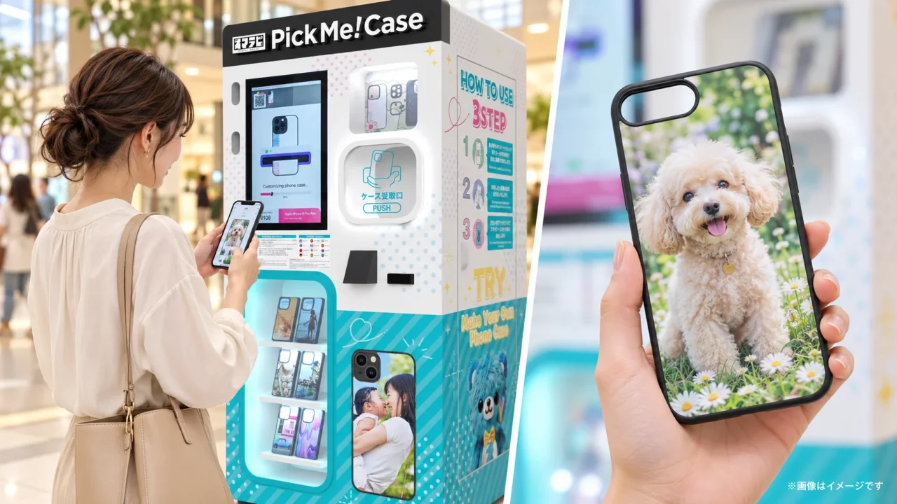PickMe!Case自販機の利用シーンとペット写真のスマホケース