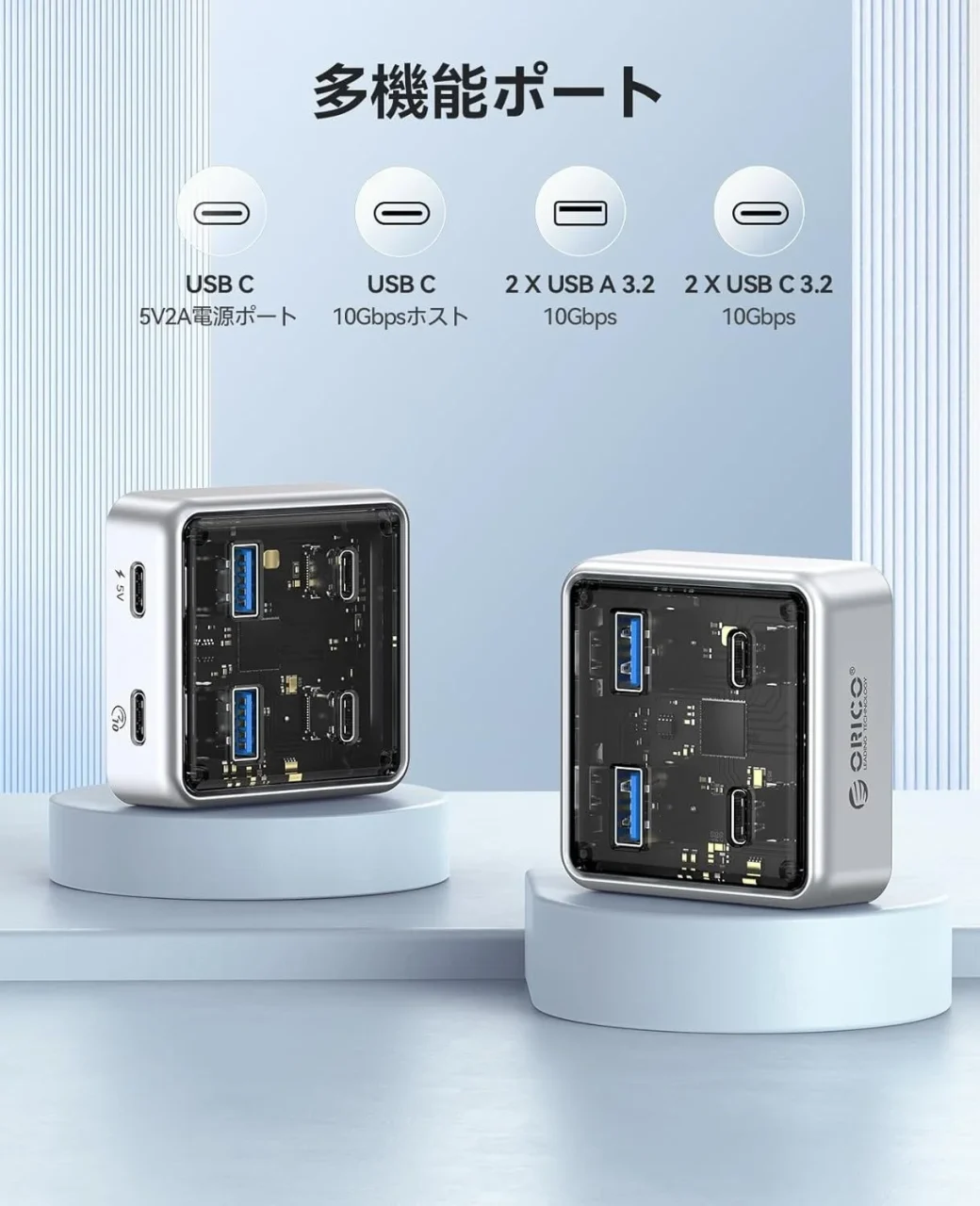 ORICO 4-in-1 USB-Cハブの内部構造と多機能ポートを示す製品画像