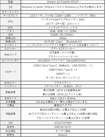 Modern-13-F1MOG-5572JPのスペック詳細が記載された表